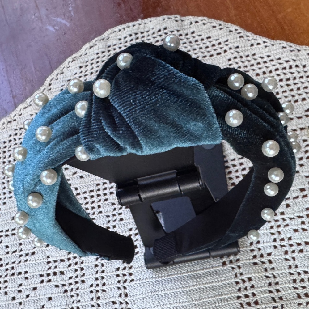 New Headband, Green Velvet with Pearls, Handmade